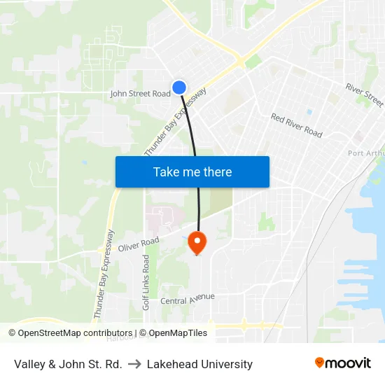 Valley & John St. Rd. to Lakehead University map