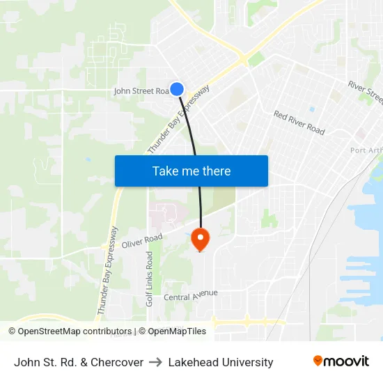 John St. Rd. & Chercover to Lakehead University map