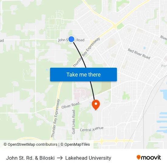 John St. Rd. & Biloski to Lakehead University map