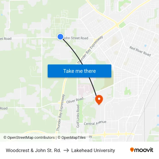 Woodcrest & John St. Rd. to Lakehead University map