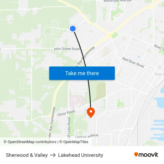 Sherwood & Valley to Lakehead University map