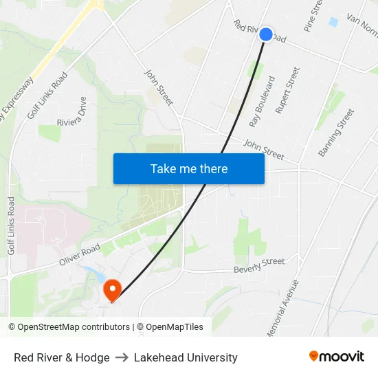 Red River & Hodge to Lakehead University map