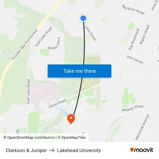 Clarkson & Juniper to Lakehead University map
