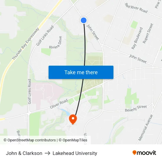 John & Clarkson to Lakehead University map