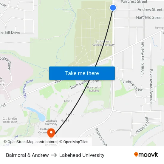 Balmoral & Andrew to Lakehead University map