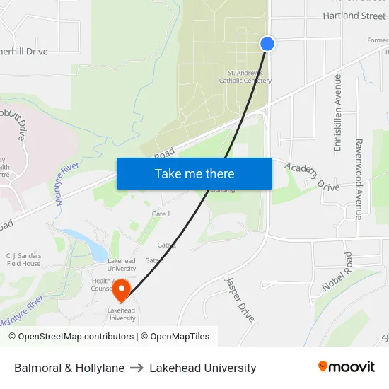 Balmoral & Hollylane to Lakehead University map