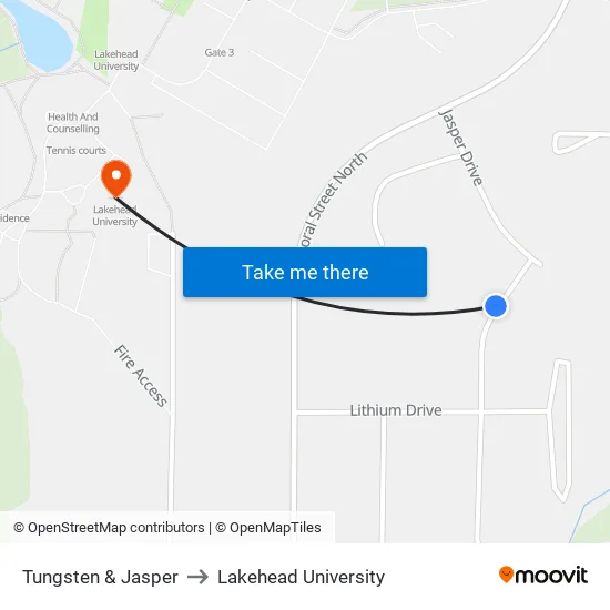 Tungsten & Jasper to Lakehead University map