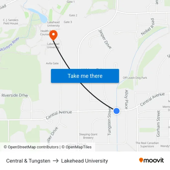 Central & Tungsten to Lakehead University map