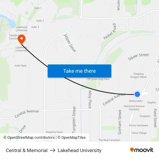 Central & Memorial to Lakehead University map