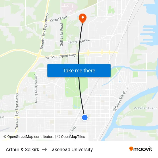 Arthur & Selkirk to Lakehead University map