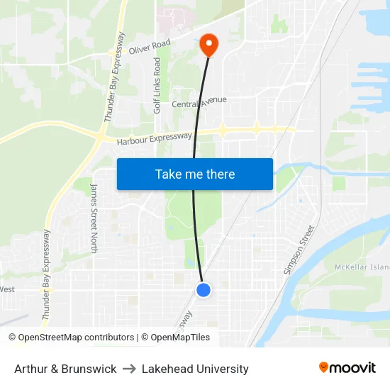 Arthur & Brunswick to Lakehead University map