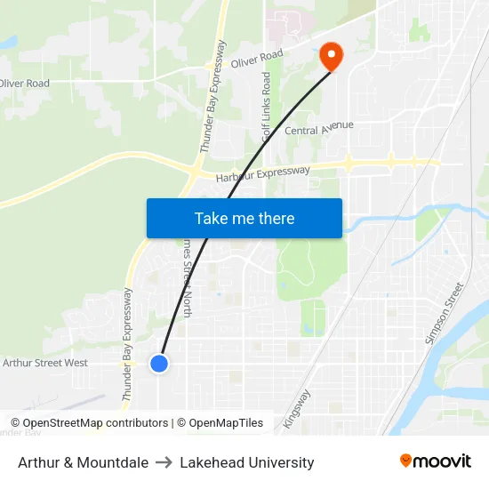 Arthur & Mountdale to Lakehead University map