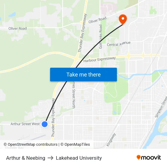 Arthur & Neebing to Lakehead University map