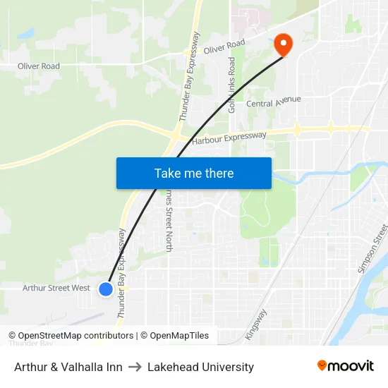 Arthur & Valhalla Inn to Lakehead University map