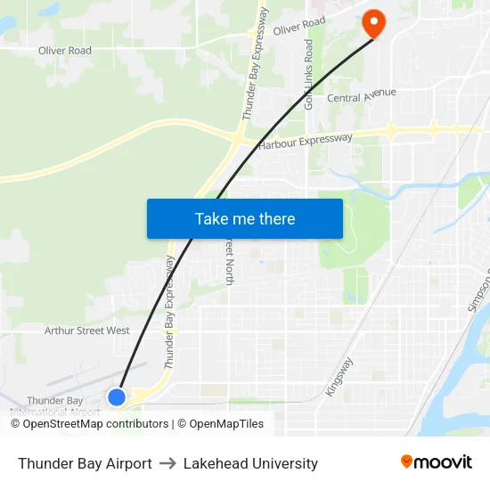 Thunder Bay Airport to Lakehead University map