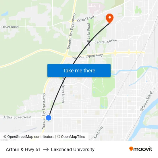 Arthur & Hwy 61 to Lakehead University map
