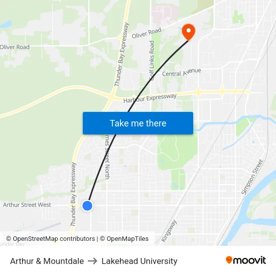 Arthur & Mountdale to Lakehead University map