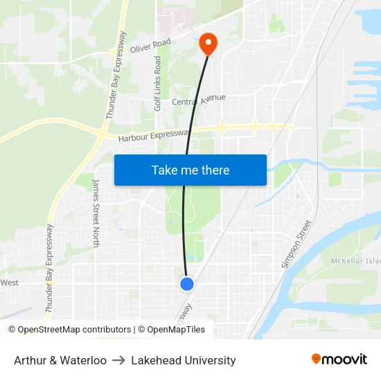 Arthur & Waterloo to Lakehead University map