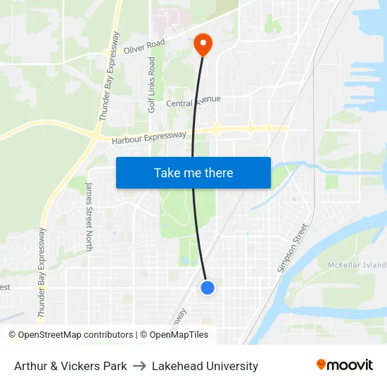 Arthur & Vickers Park to Lakehead University map