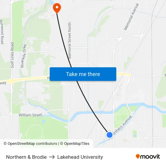 Northern & Brodie to Lakehead University map