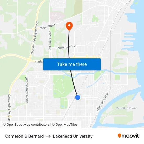 Cameron & Bernard to Lakehead University map