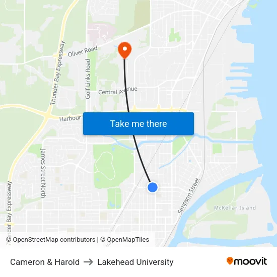 Cameron & Harold to Lakehead University map