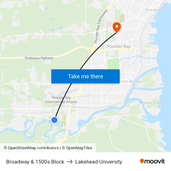 Broadway & 1500s Block to Lakehead University map