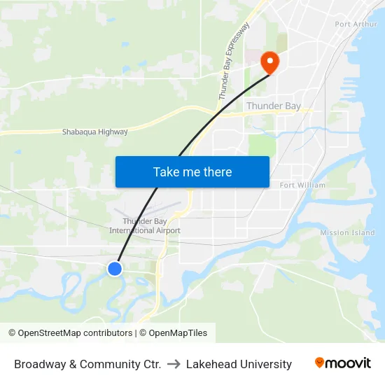 Broadway & Community Ctr. to Lakehead University map