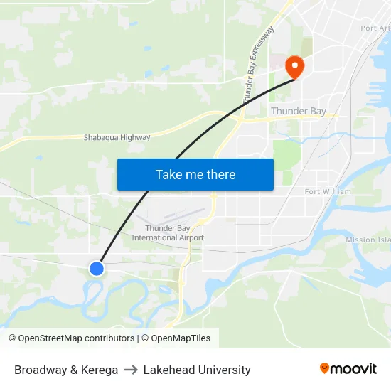 Broadway & Kerega to Lakehead University map