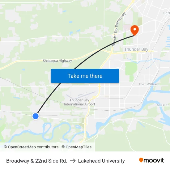 Broadway & 22nd Side Rd. to Lakehead University map