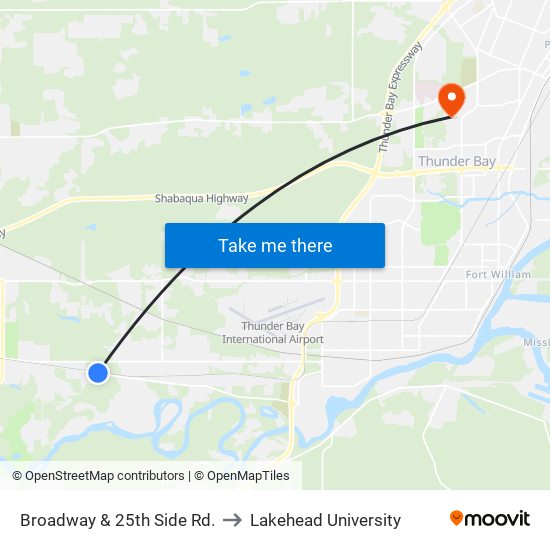 Broadway & 25th Side Rd. to Lakehead University map
