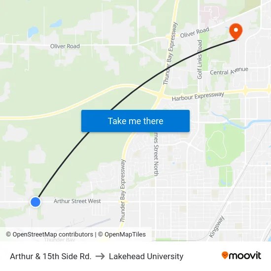Arthur & 15th Side Rd. to Lakehead University map