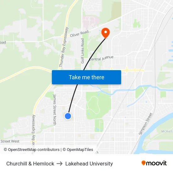 Churchill & Hemlock to Lakehead University map