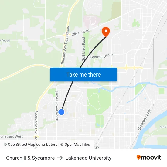 Churchill & Sycamore to Lakehead University map