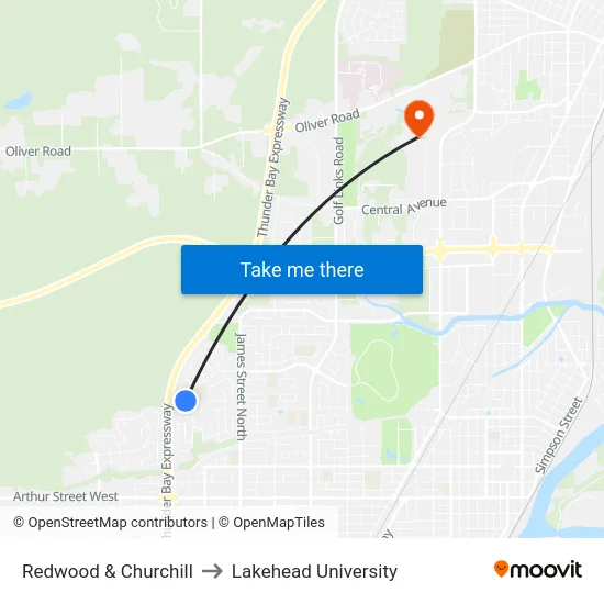 Redwood & Churchill to Lakehead University map