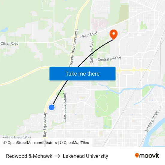 Redwood & Mohawk to Lakehead University map