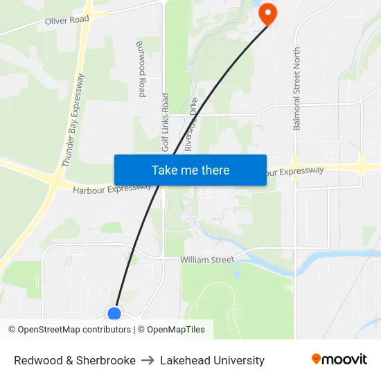 Redwood & Sherbrooke to Lakehead University map