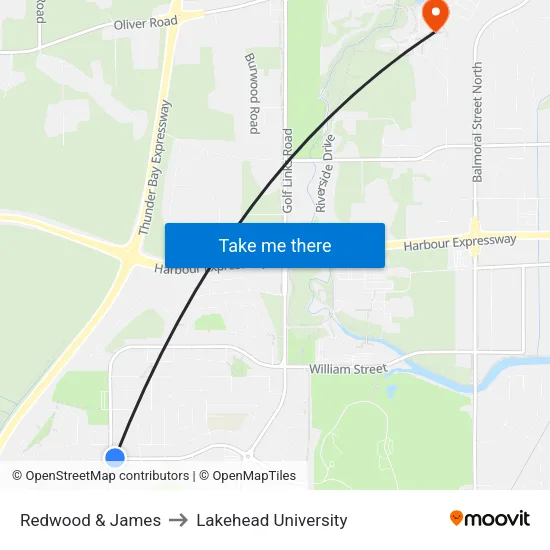 Redwood & James to Lakehead University map