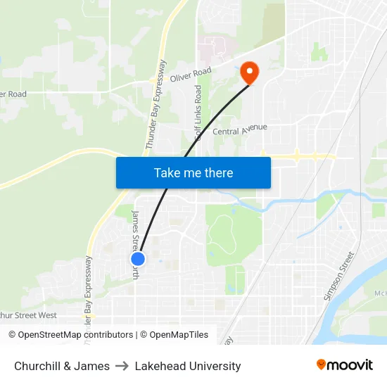 Churchill & James to Lakehead University map