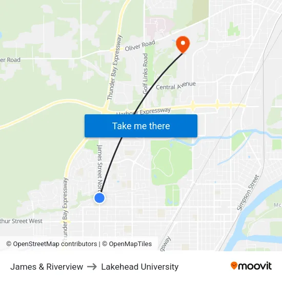 James & Riverview to Lakehead University map