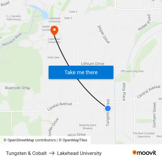 Tungsten & Cobalt to Lakehead University map