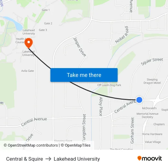 Central & Squire to Lakehead University map