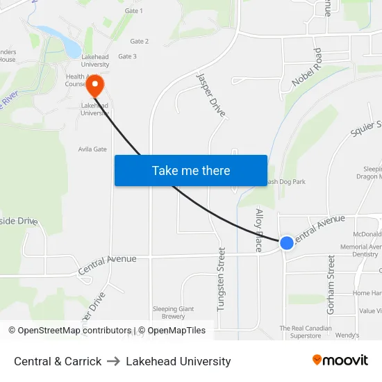 Central & Carrick to Lakehead University map