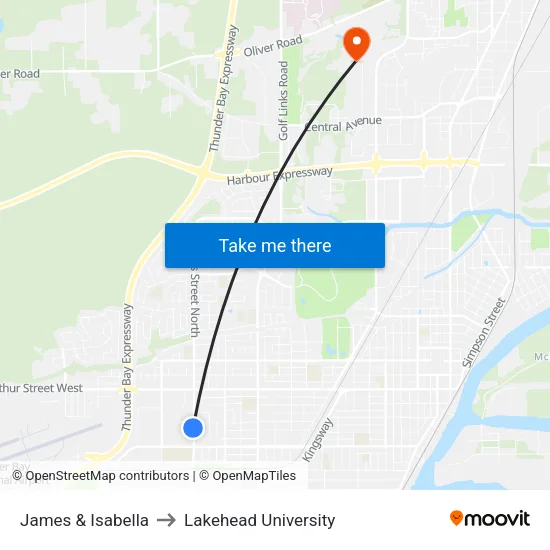 James & Isabella to Lakehead University map