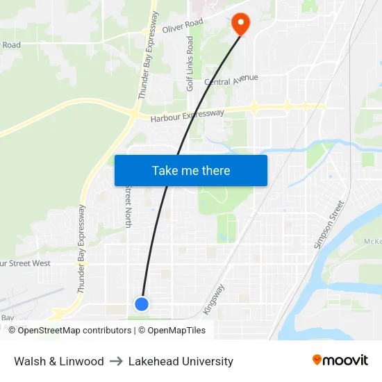 Walsh & Linwood to Lakehead University map