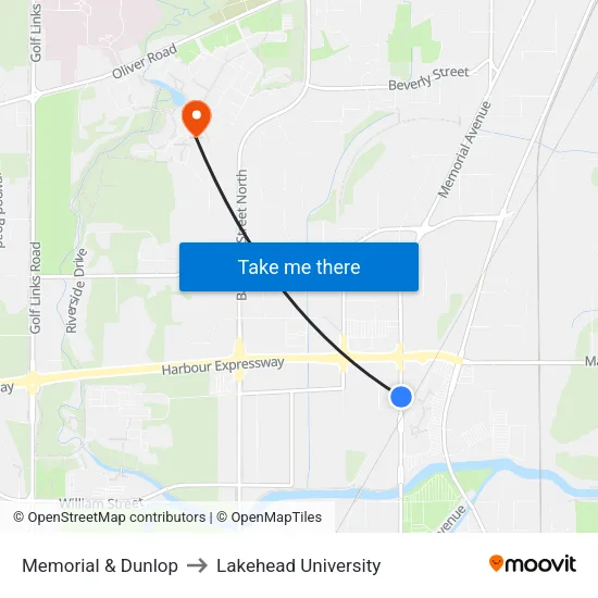Memorial & Dunlop to Lakehead University map