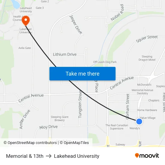 Memorial & 13th to Lakehead University map