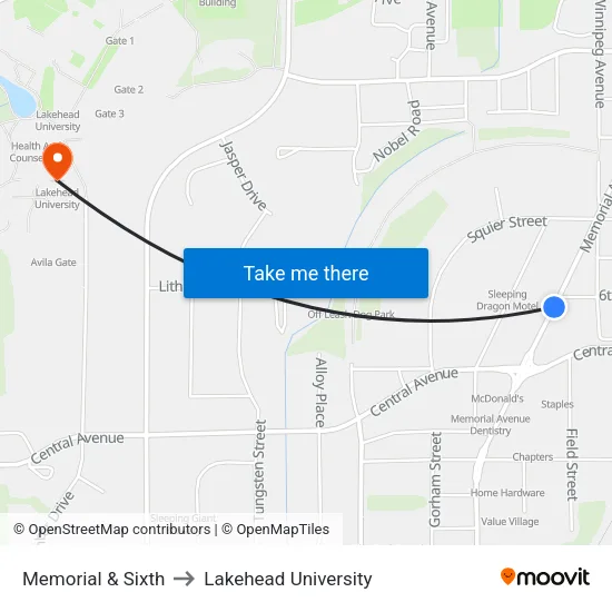 Memorial & Sixth to Lakehead University map