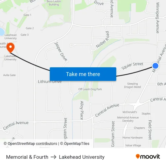 Memorial & Fourth to Lakehead University map