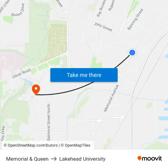 Memorial & Queen to Lakehead University map